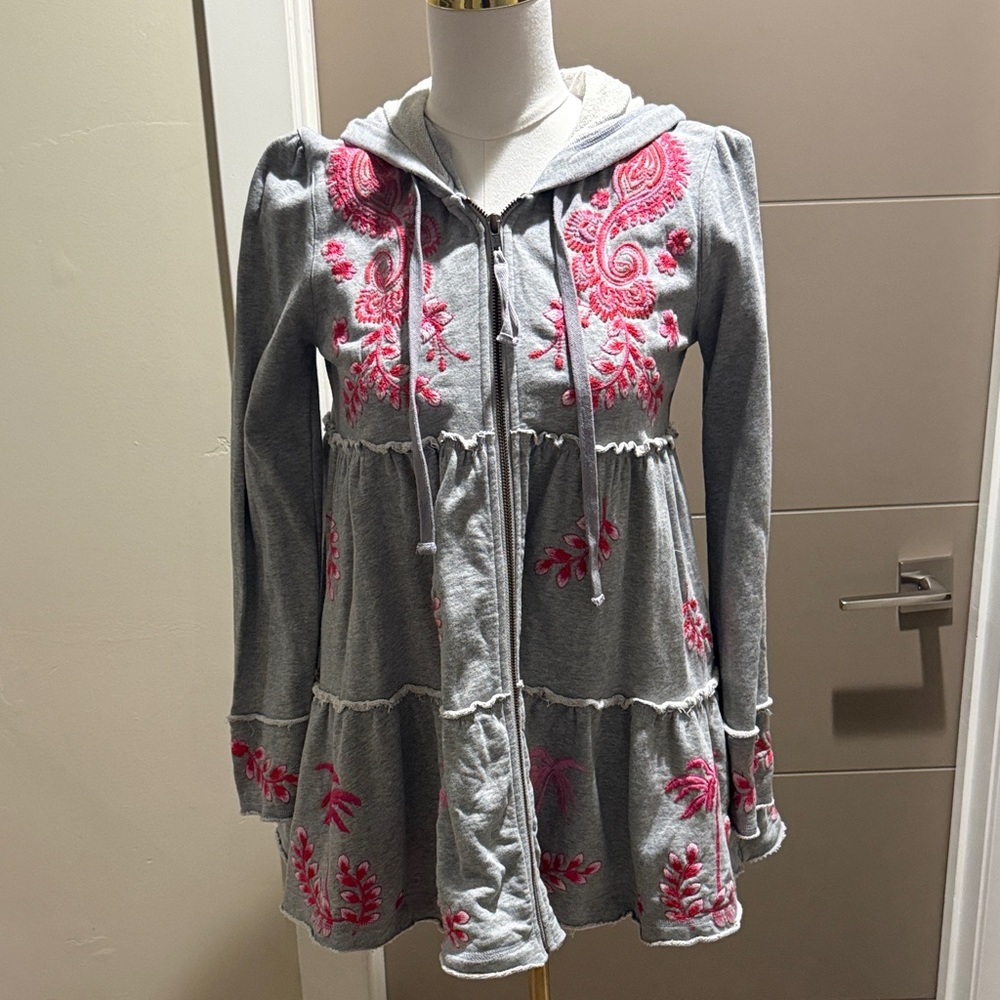 Johnny Was Gray and Pink Embroidered Hoodie